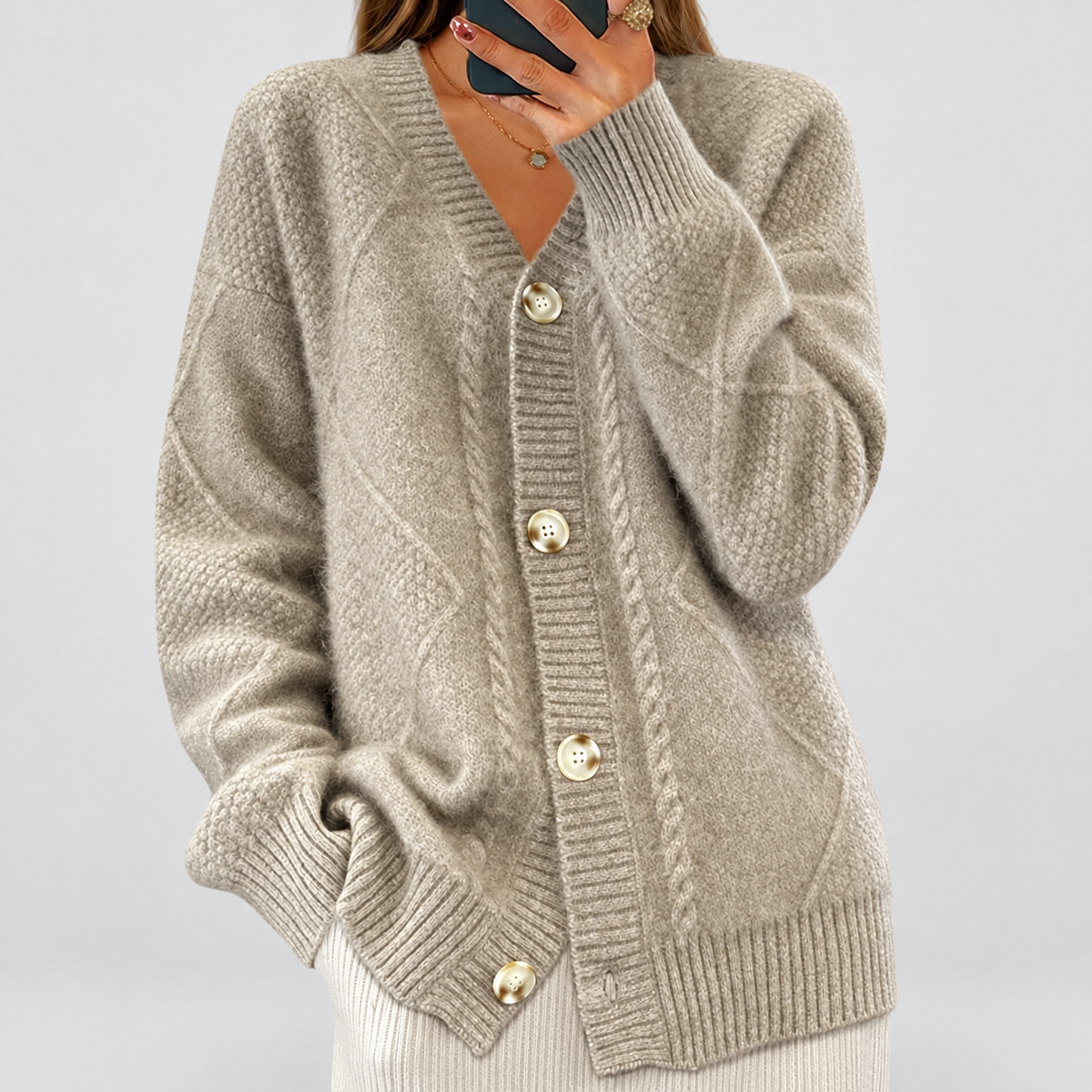 Women's Cable-Knit Button-Front Cardigan in Grey — view 4