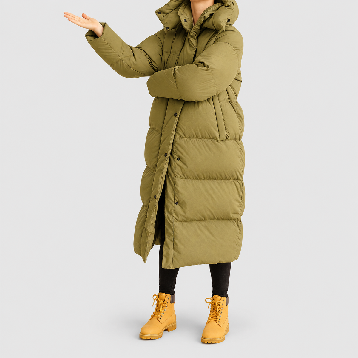 Women's Long Quilted Winter Jacket with Hood in Green — view 1