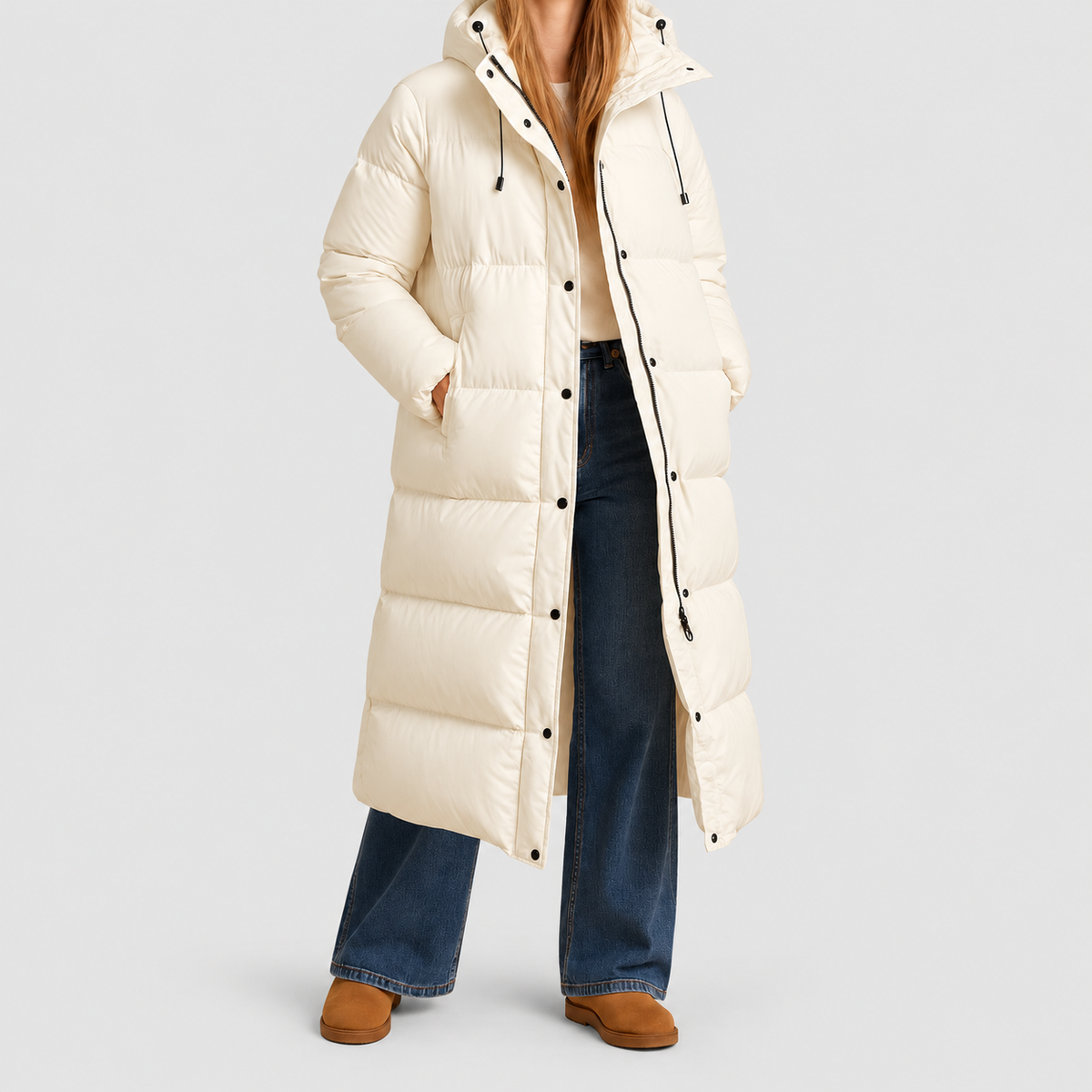 Women's Long Quilted Winter Jacket with Hood in Beige — view 2