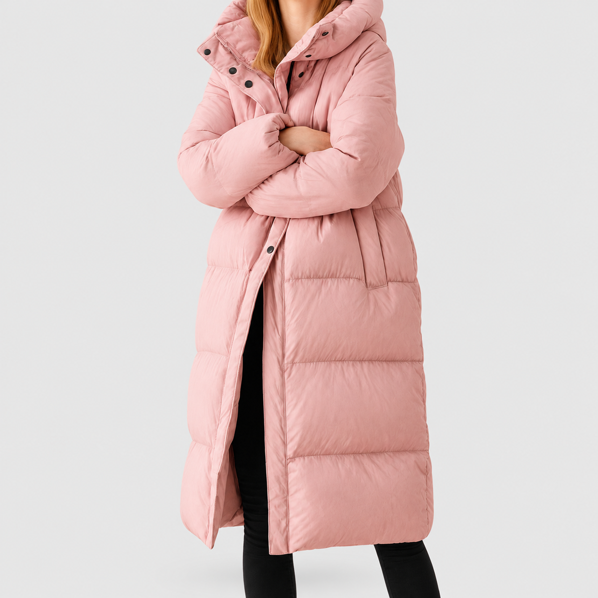 Women's Long Quilted Winter Jacket with Hood in Pink — view 3