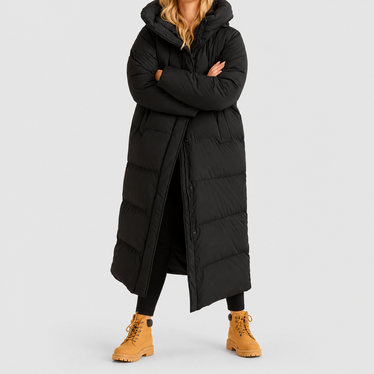 Women's Long Quilted Winter Jacket with Hood in Black — view 4