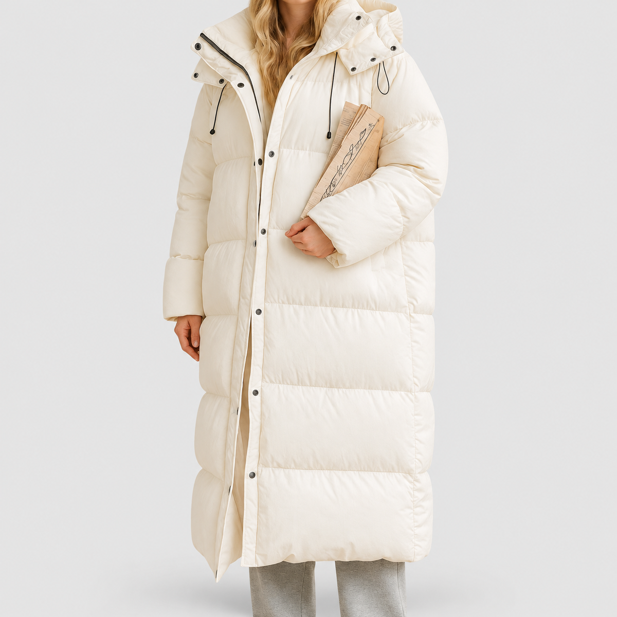 Women's Long Quilted Winter Jacket with Hood in White — view 5