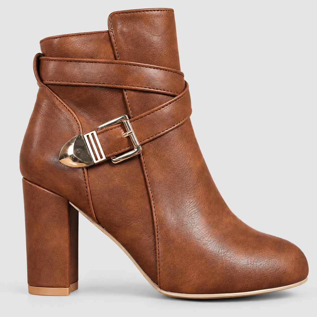 Women's Pointed-Toe Heeled Ankle Boots with Crossover Buckle — view 3