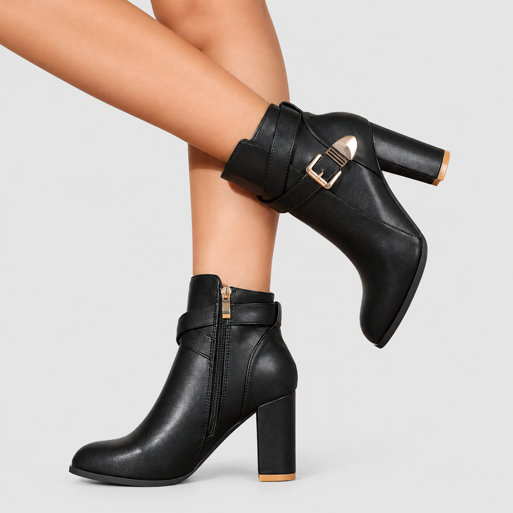 Women's Pointed-Toe Heeled Ankle Boots with Crossover Buckle — view 5