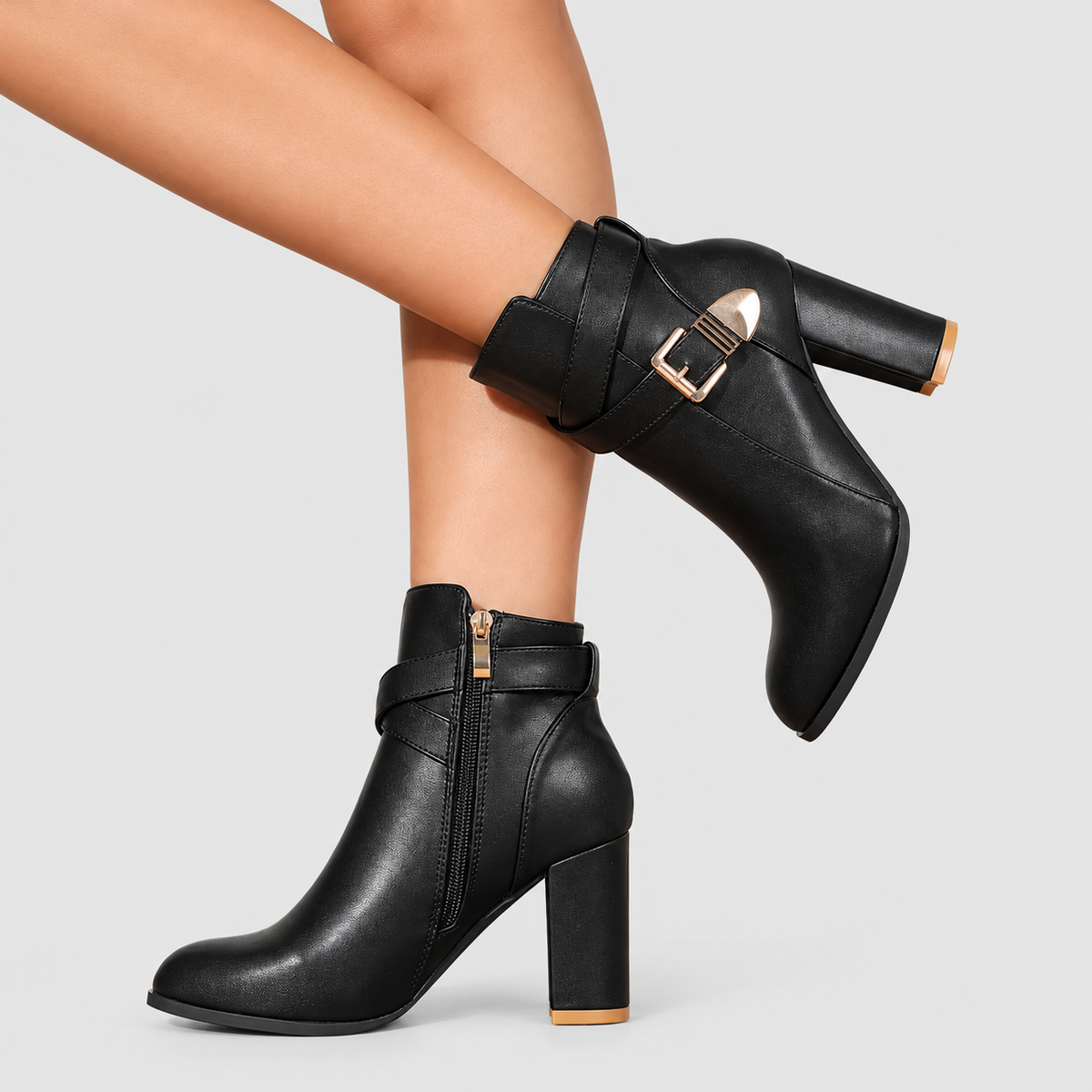 Women's Pointed-Toe Heeled Ankle Boots with Crossover Buckle — view 5