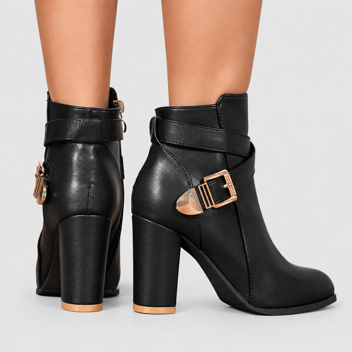 Women's Pointed-Toe Heeled Ankle Boots with Crossover Buckle — view 6