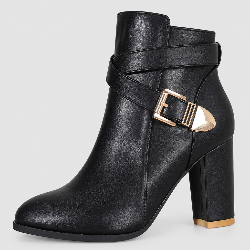 Women's Pointed-Toe Heeled Ankle Boots with Crossover Buckle — view 7