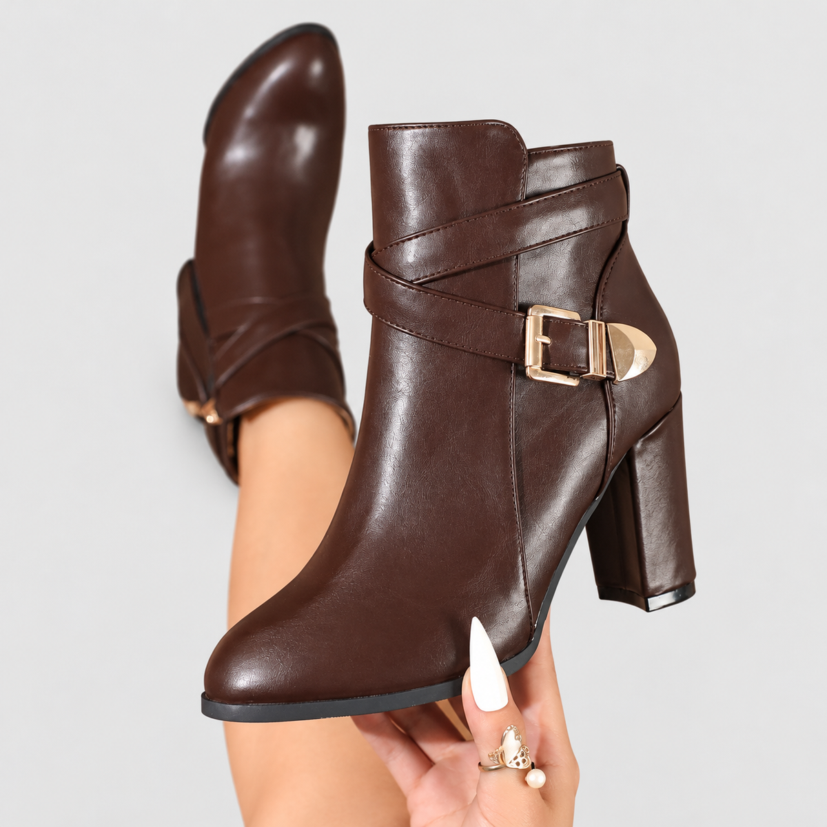 Women's Pointed-Toe Heeled Ankle Boots with Crossover Buckle in Chocolate Brown — view 8
