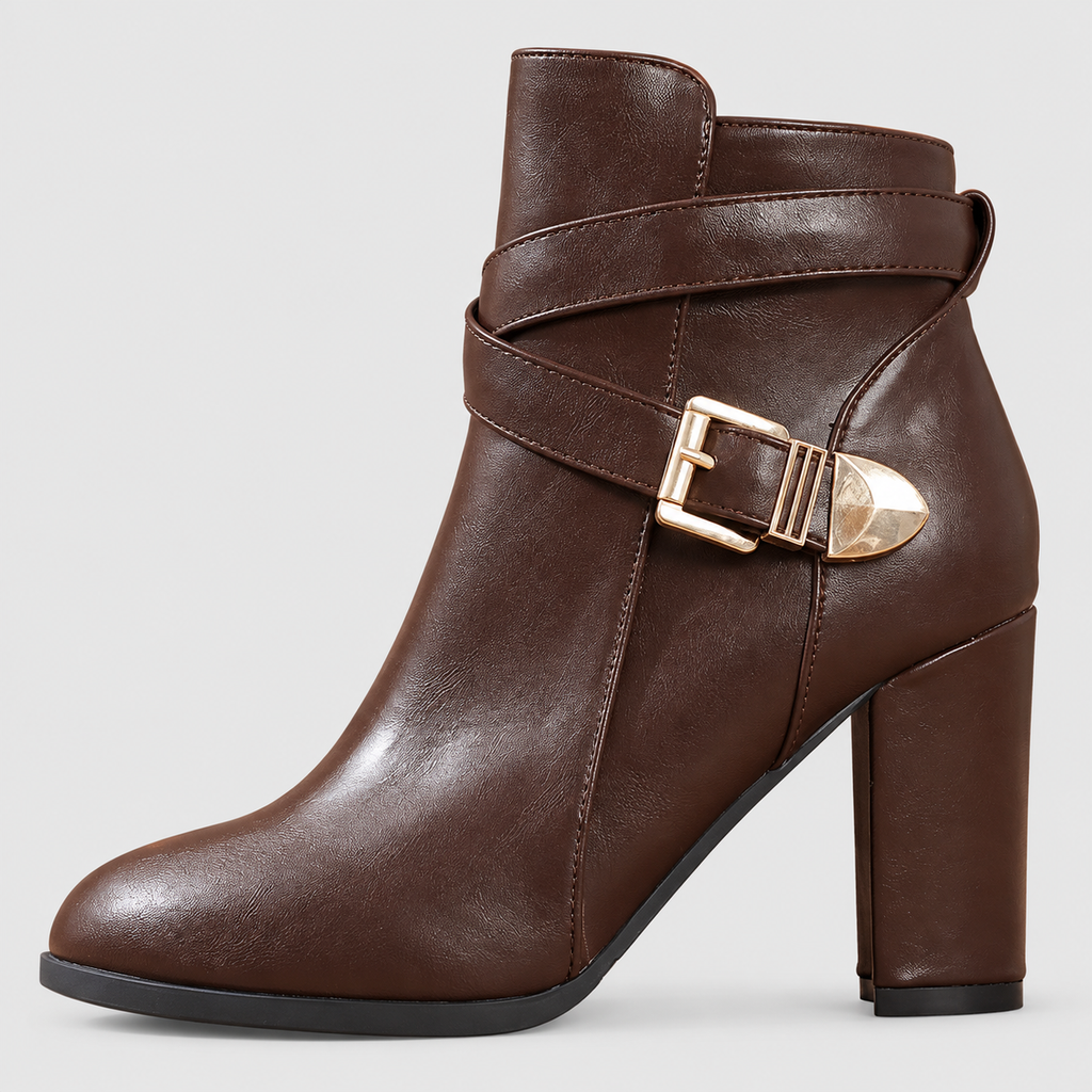 Women's Pointed-Toe Heeled Ankle Boots with Crossover Buckle — view 10