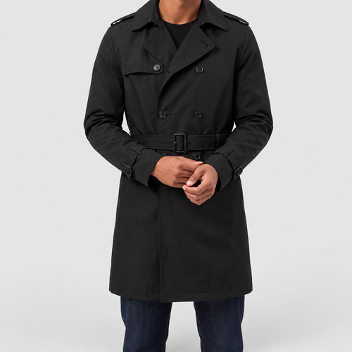Men's Double-Breasted Mid-Length Trench Coat in Black — view 1