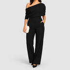 Women's One-Shoulder Wide-Leg Jumpsuit with Draped Top in Black — view 3