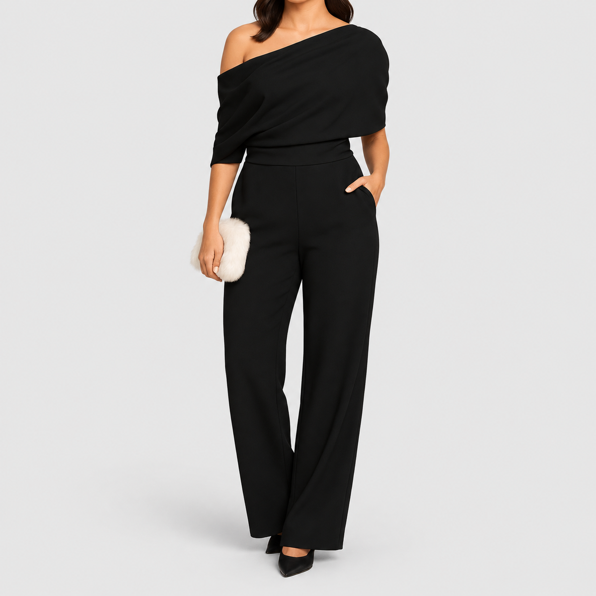 Women's One-Shoulder Wide-Leg Jumpsuit with Draped Top in Black — view 3