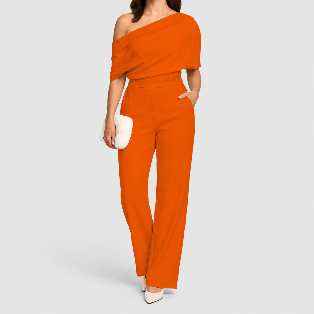 Women's One-Shoulder Wide-Leg Jumpsuit with Draped Top in Orange — view 4