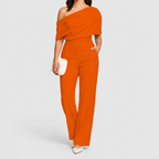 Women's One-Shoulder Wide-Leg Jumpsuit with Draped Top in Orange — view 4