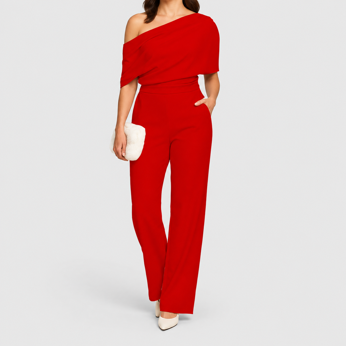Women's One-Shoulder Wide-Leg Jumpsuit with Draped Top in Red — view 5