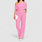 Women's One-Shoulder Wide-Leg Jumpsuit with Draped Top in Light Pink — view 6