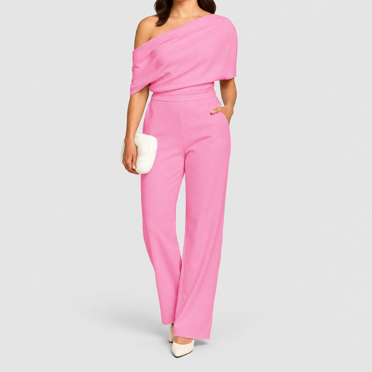 Women's One-Shoulder Wide-Leg Jumpsuit with Draped Top in Light Pink — view 6