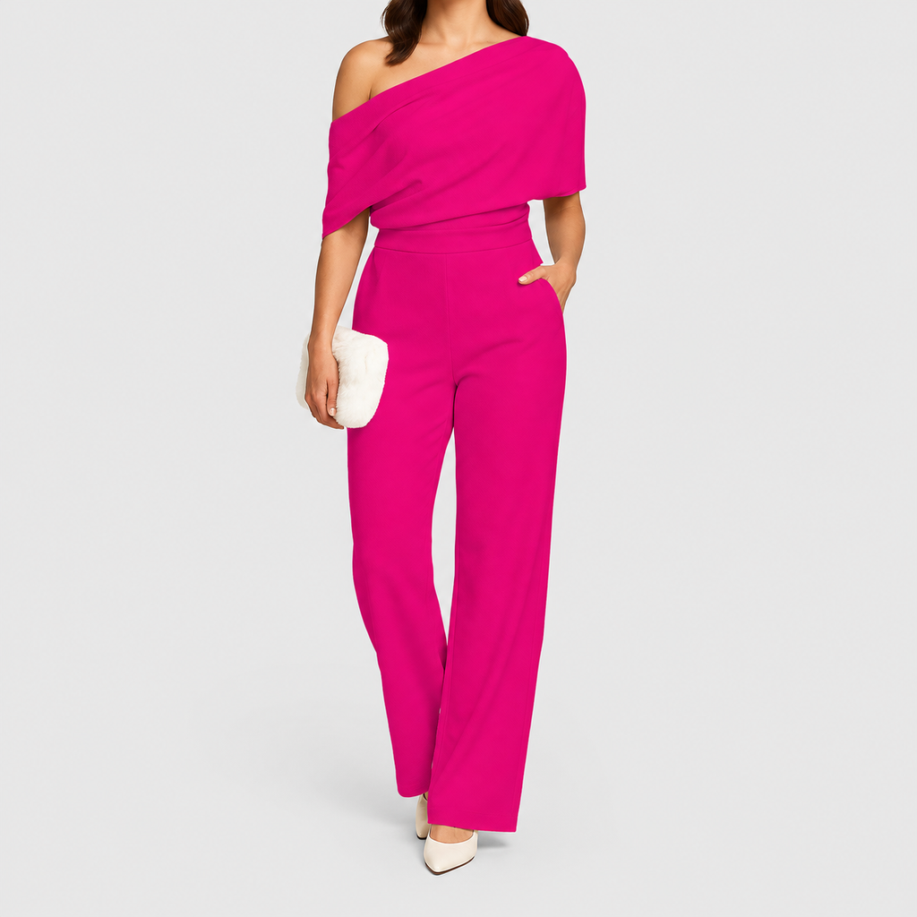 Women's One-Shoulder Wide-Leg Jumpsuit with Draped Top in Pink — view 7