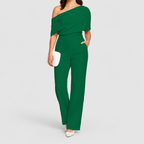 Women's One-Shoulder Wide-Leg Jumpsuit with Draped Top in Green — view 8