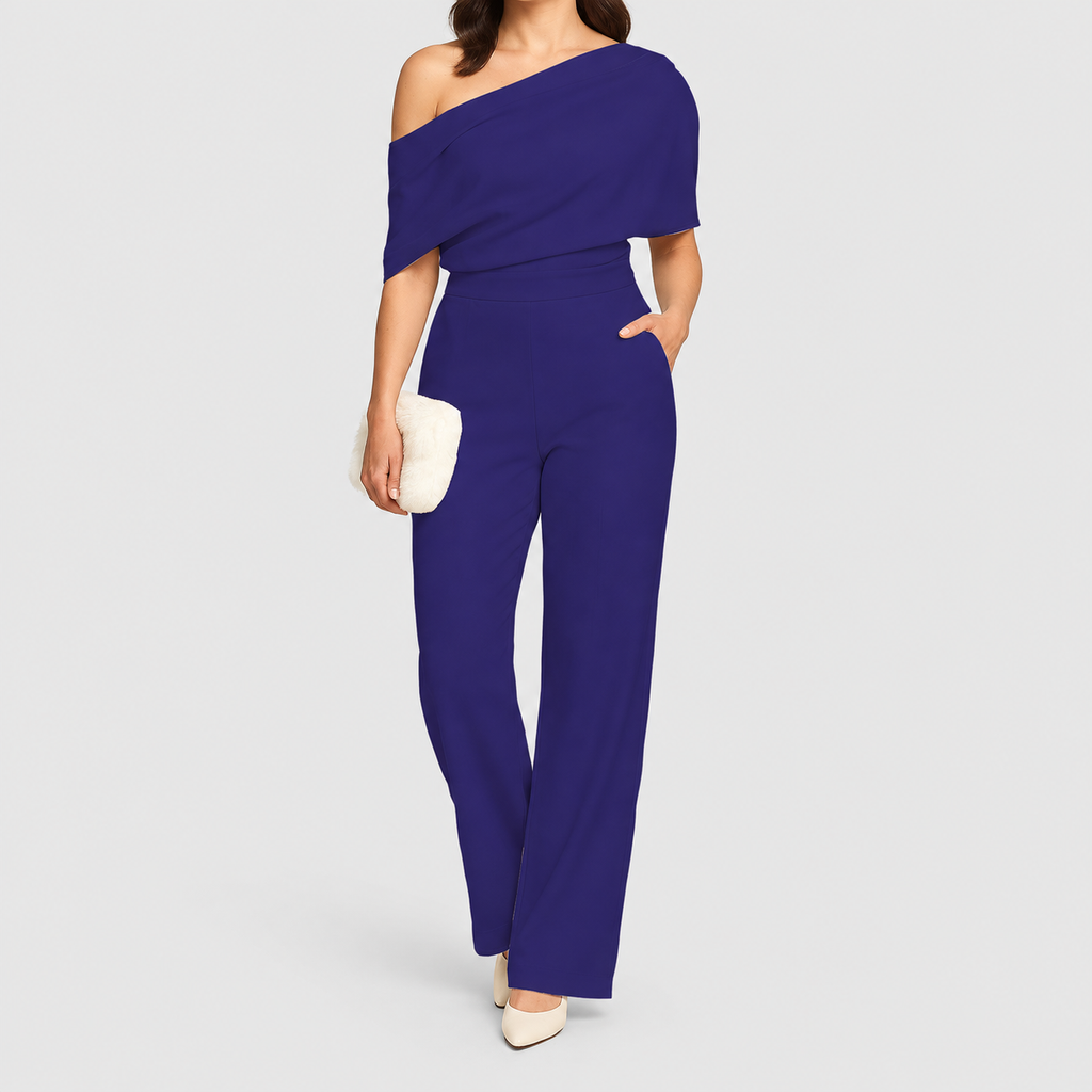 Women's One-Shoulder Wide-Leg Jumpsuit with Draped Top in Navy Blue — view 9