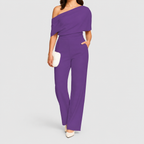 Women's One-Shoulder Wide-Leg Jumpsuit with Draped Top in Purple — view 10