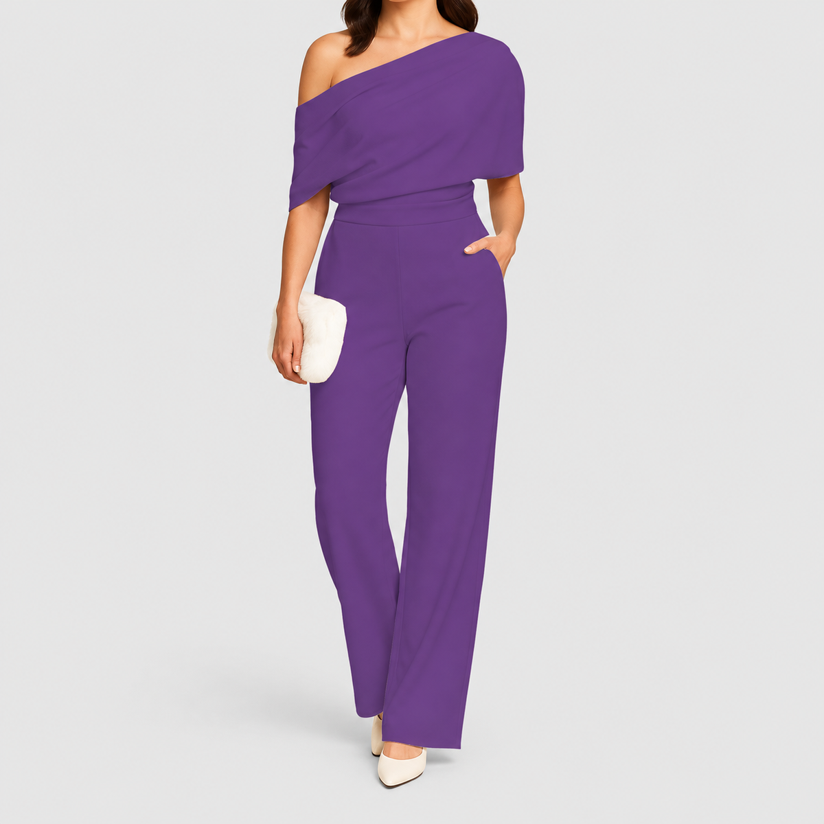Women's One-Shoulder Wide-Leg Jumpsuit with Draped Top in Purple — view 10