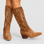 Women's Embroidered Faux Suede Knee-High Cowboy Boots in Brown — view 1