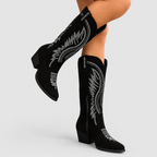 Women's Embroidered Faux Suede Knee-High Cowboy Boots in Black — view 2