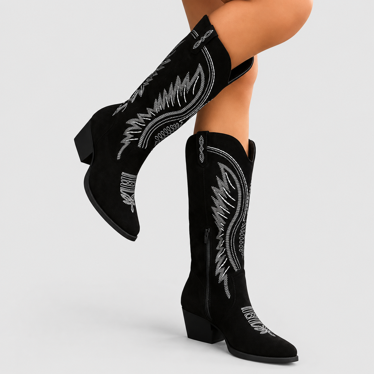 Women's Embroidered Faux Suede Knee-High Cowboy Boots in Black — view 2