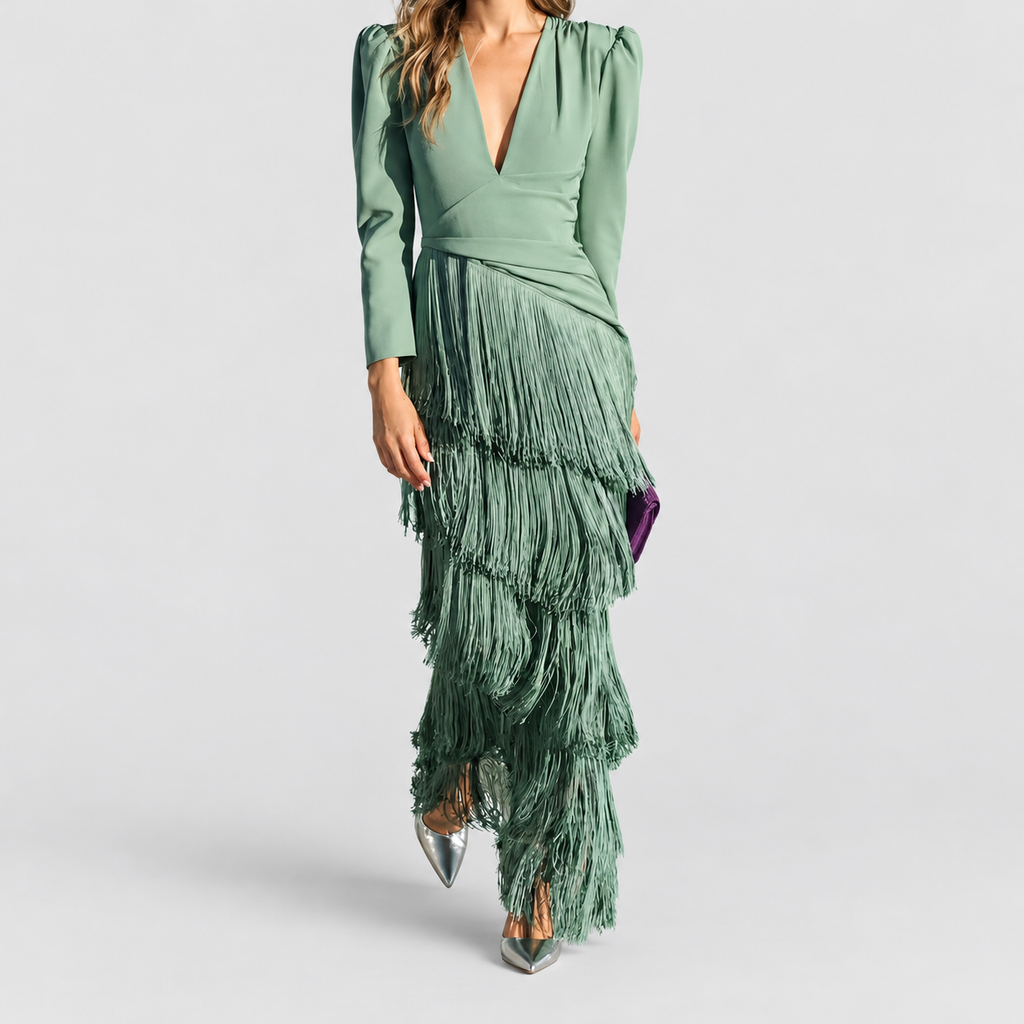 Women's V-Neck Fringe Midi Dress in Light Green — view 1