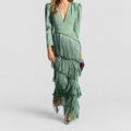 Women's V-Neck Fringe Midi Dress in Light Green — view 1