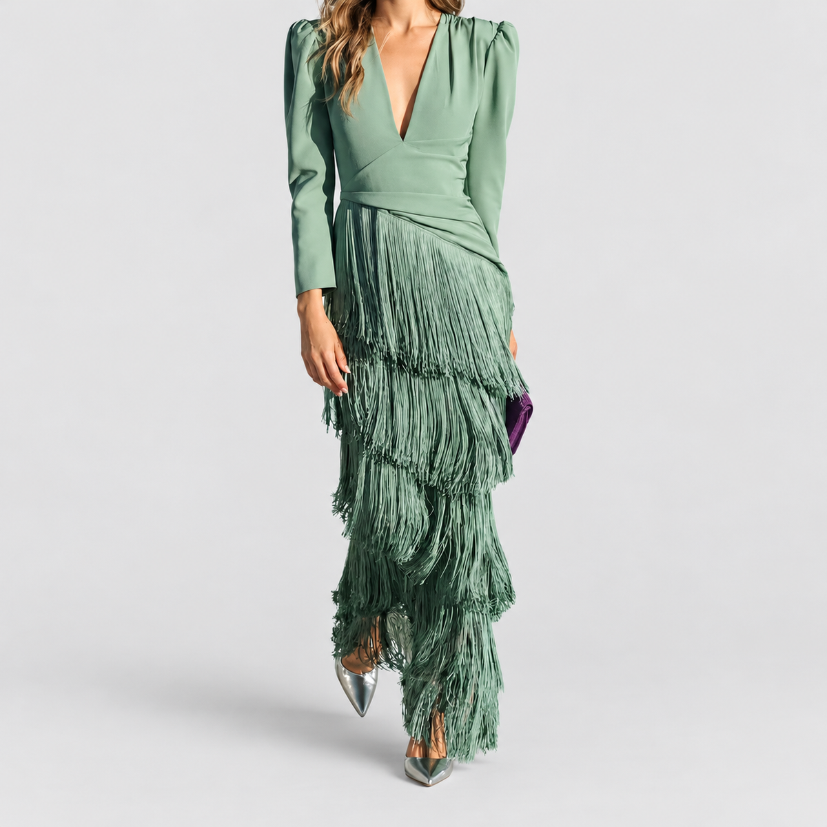 Women's V-Neck Fringe Midi Dress in Light Green — view 1