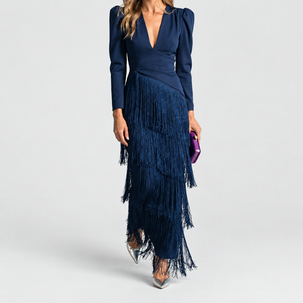 Women's V-Neck Fringe Midi Dress in Blue — view 2