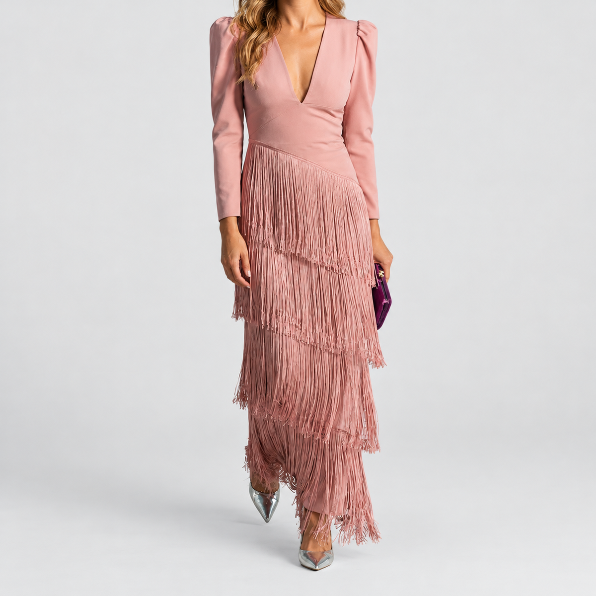 Women's V-Neck Fringe Midi Dress in Pink — view 3