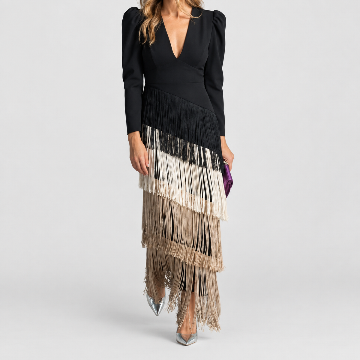 Women's V-Neck Fringe Midi Dress in Brown — view 4