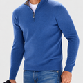 Arthur men's half-zip jumper in blue, front view with stand collar and long sleeves