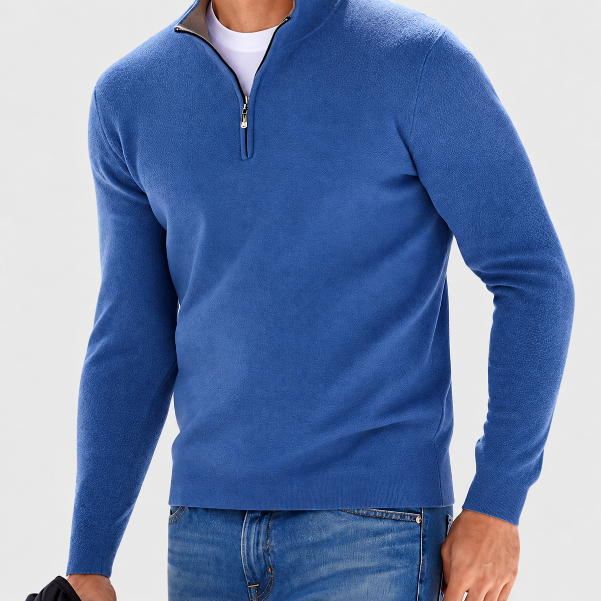 Arthur men's half-zip jumper in blue, front view with stand collar and long sleeves