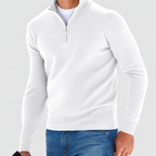 Arthur men's half-zip jumper in white, front view with stand collar and long sleeves