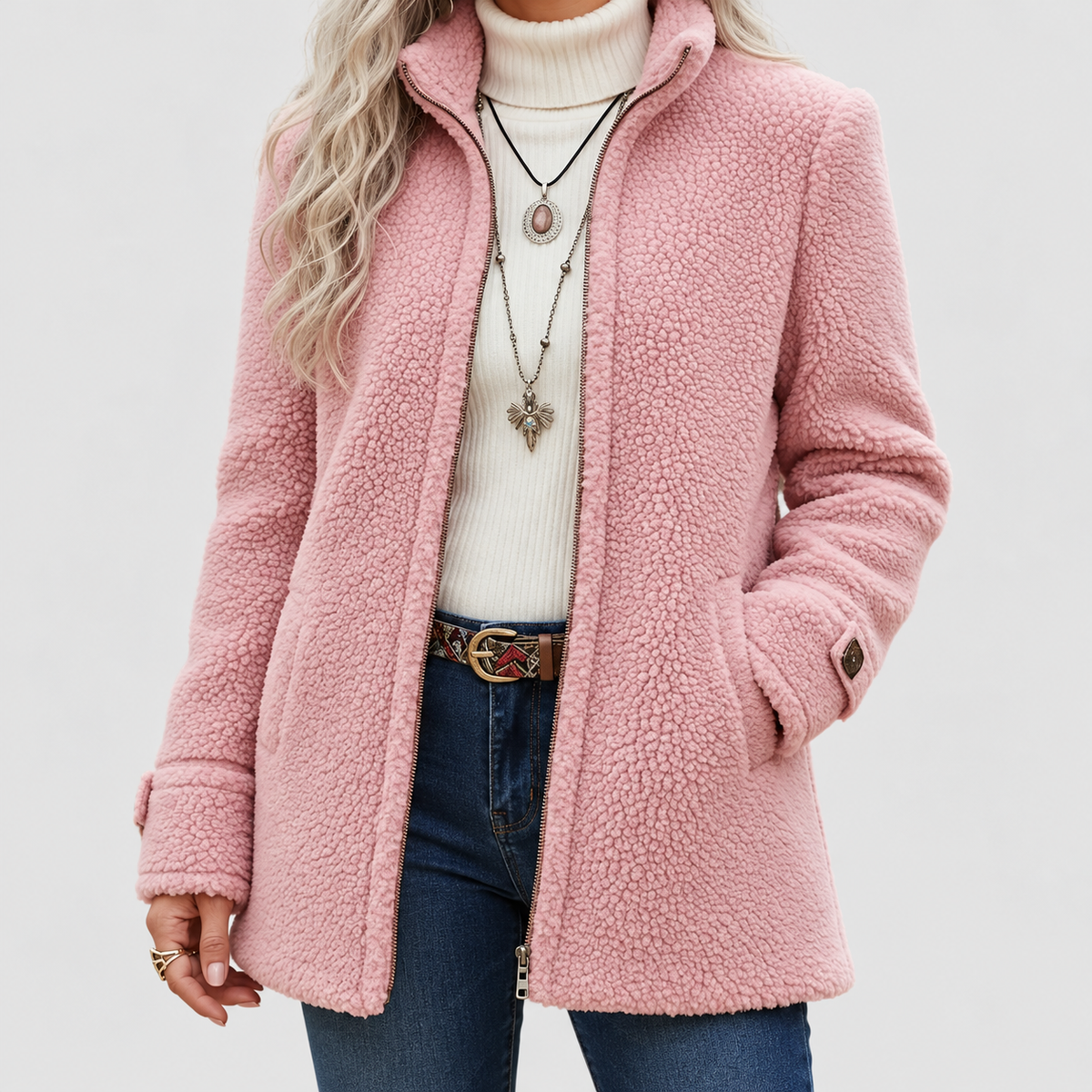 Women's Teddy Fleece Zip-Up Coat with Stand Collar in Pink — view 1