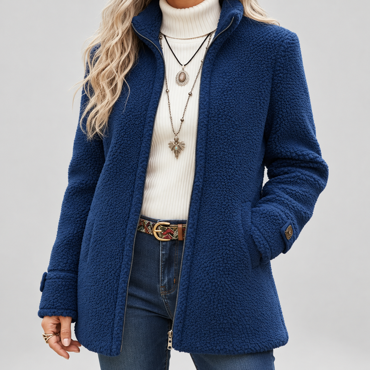 Women's Teddy Fleece Zip-Up Coat with Stand Collar in Blue — view 2