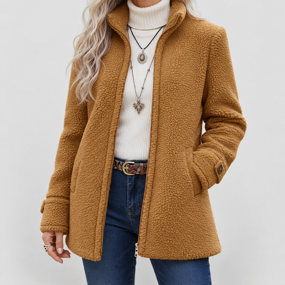 Women's Teddy Fleece Zip-Up Coat with Stand Collar in Camel — view 3
