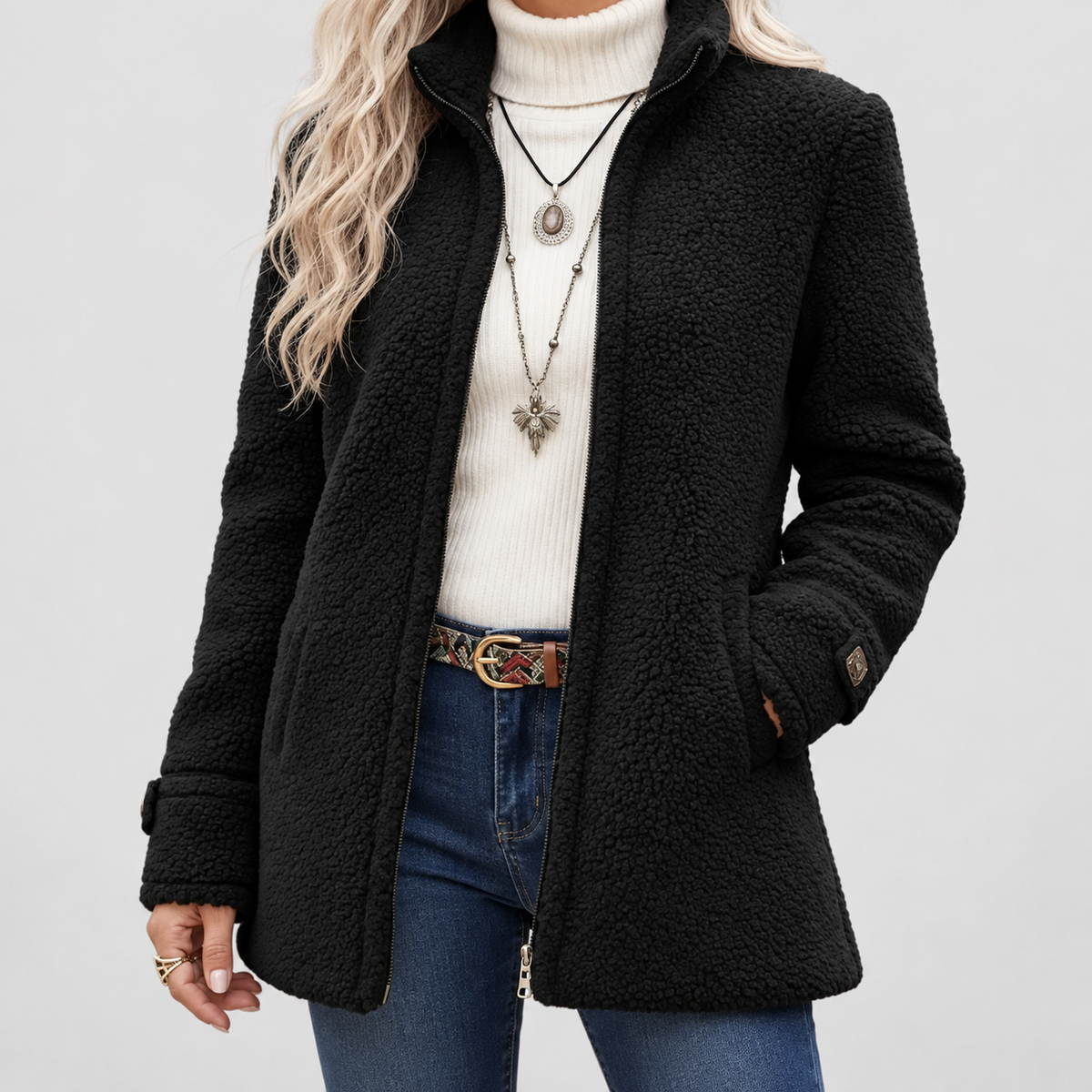 Women's Teddy Fleece Zip-Up Coat with Stand Collar in Black — view 4