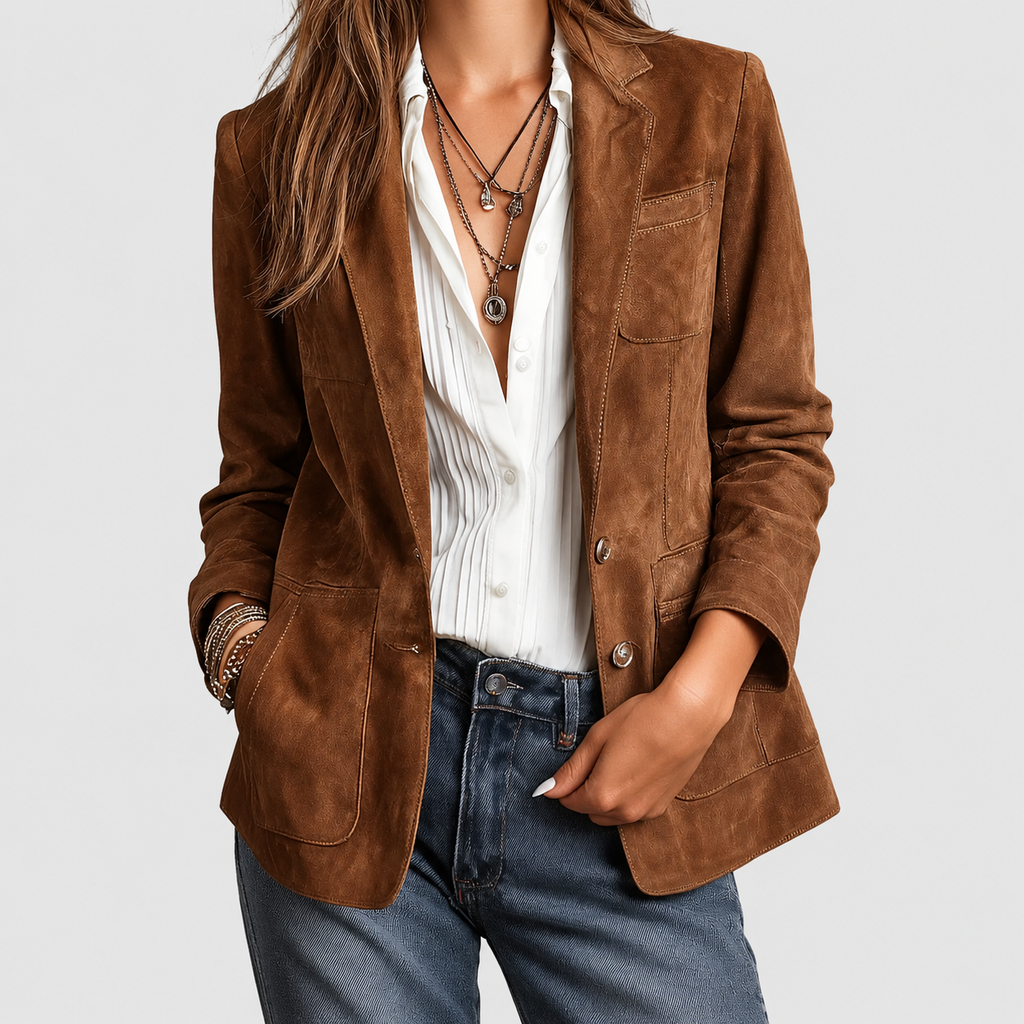 Women's Button-Down Faux Suede Blazer in Brown — view 1