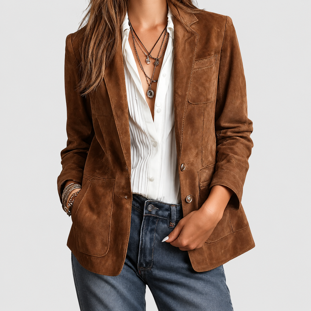 Women's Button-Down Faux Suede Blazer in Brown — view 1