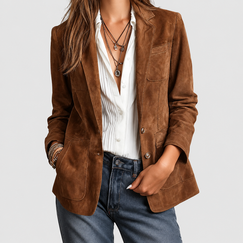 Women's Button-Down Faux Suede Blazer in Brown — view 1