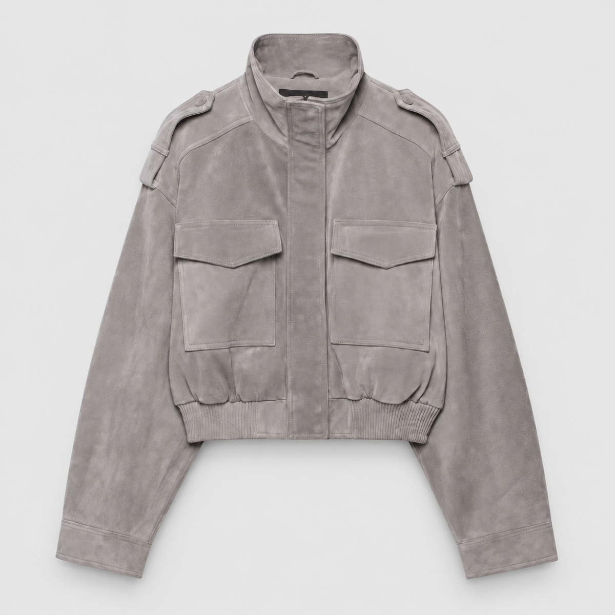 Women's Grey Suede-Look Cropped Bomber Jacket with Utility Pockets — view 1