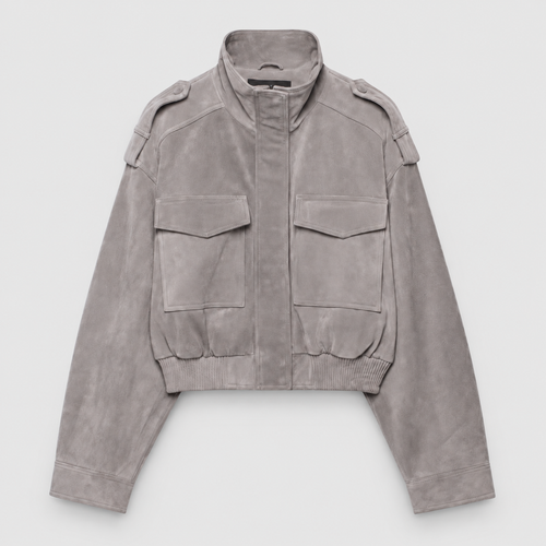 Women's Grey Suede-Look Cropped Bomber Jacket with Utility Pockets — view 1