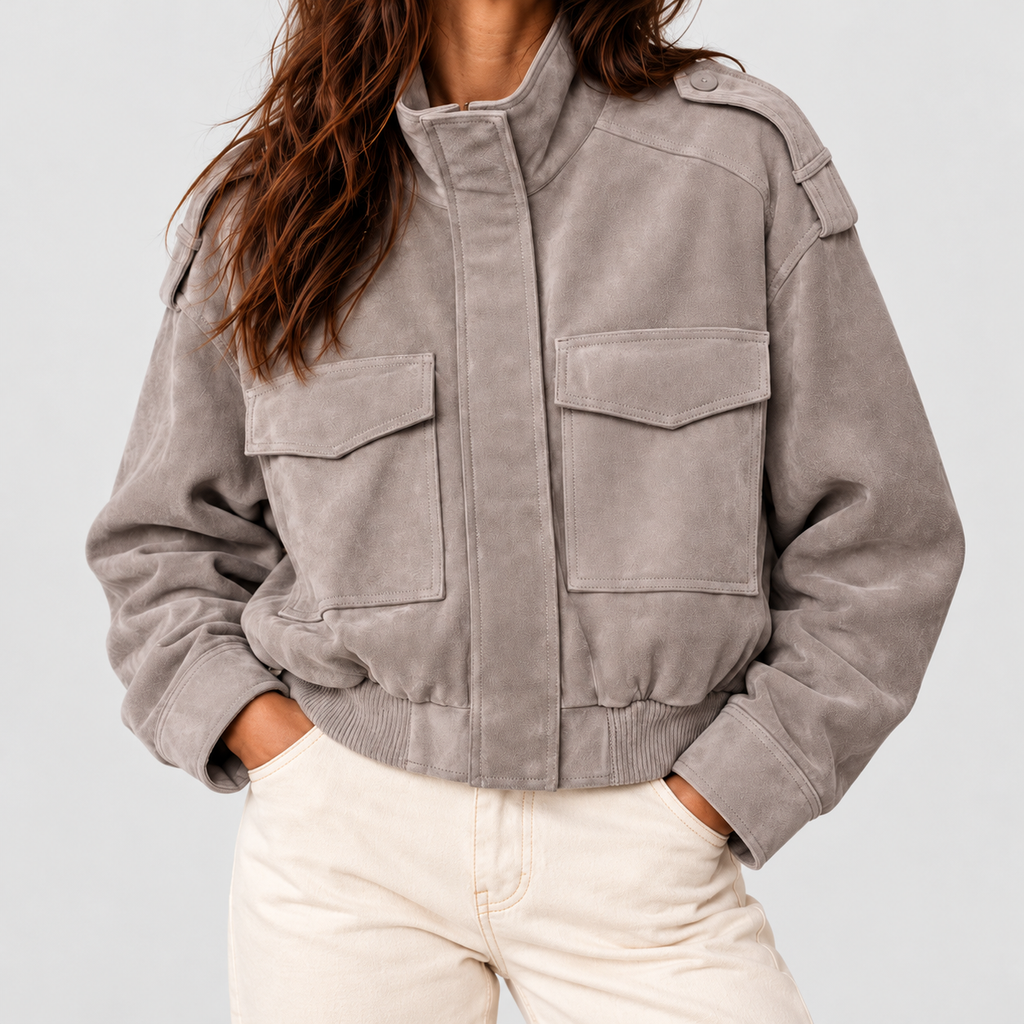 Women's Grey Suede-Look Cropped Bomber Jacket with Utility Pockets in Grey — view 2