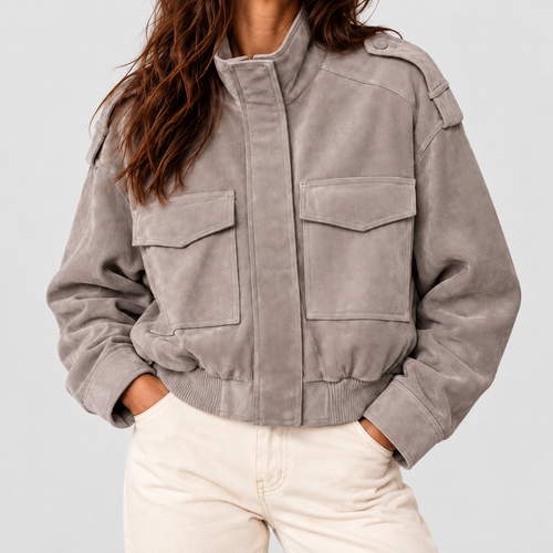 Women's Grey Suede-Look Cropped Bomber Jacket with Utility Pockets in Grey — view 2