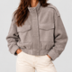 Aurelia-Rose | Women's Grey Suede-Look Cropped Bomber Jacket with Utility Pockets